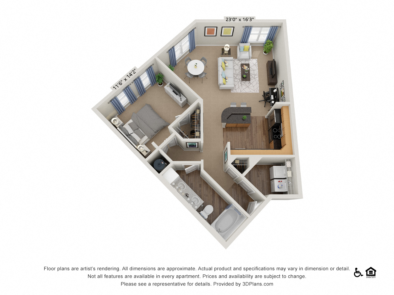 Floor plan for 1 bed, 1 bath, 940 sqft